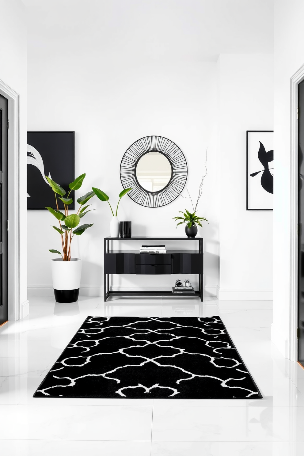 A striking black and white entry mat greets visitors at the entrance, adding a bold contrast to the space. The foyer features sleek white walls adorned with minimalistic black artwork, creating a modern and inviting atmosphere. A stylish console table in black sits against the wall, topped with a decorative mirror that reflects natural light. Potted greenery adds a touch of freshness, enhancing the overall aesthetic of the black and white design.