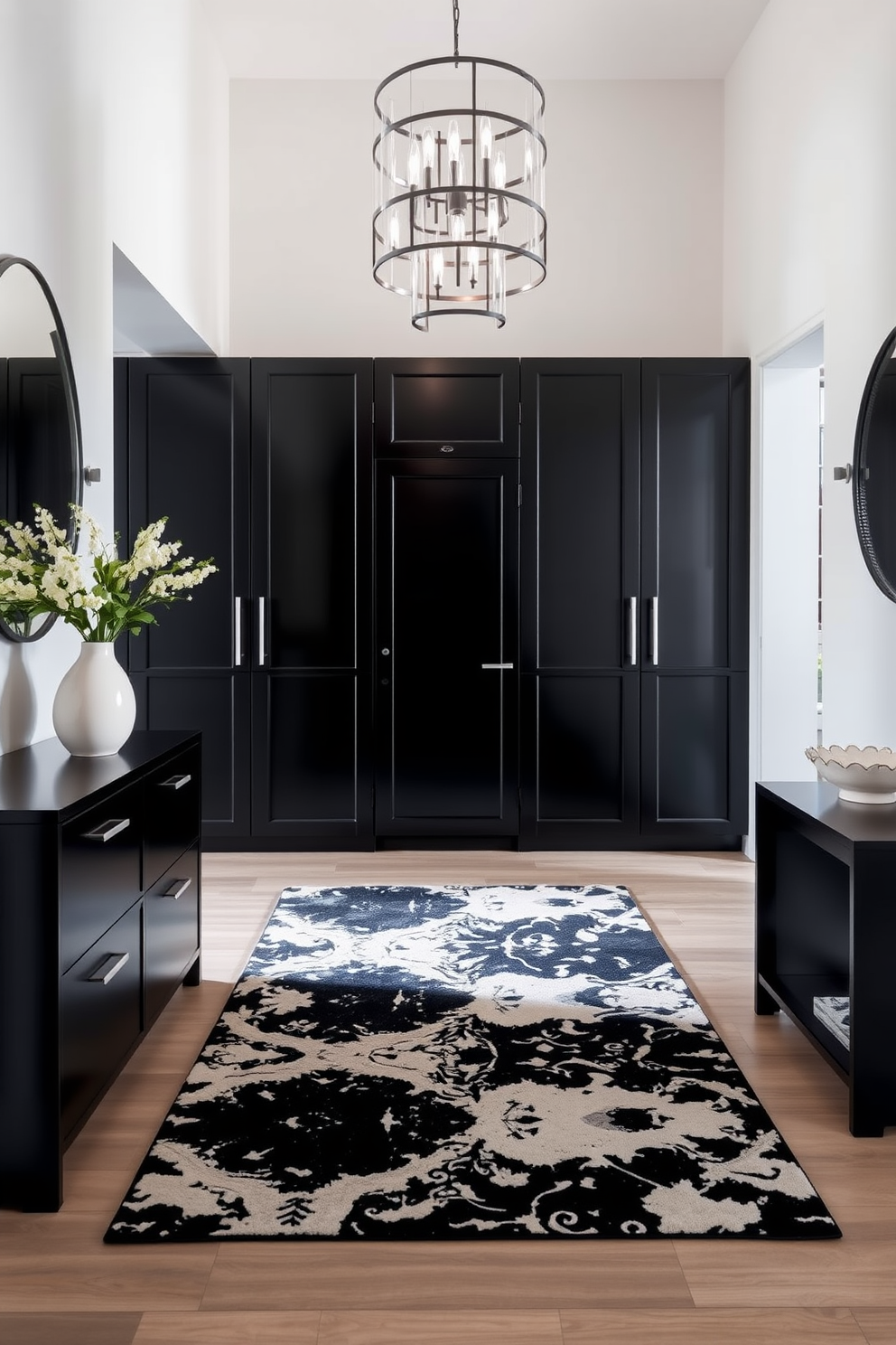 Contemporary black cabinetry with white handles creates a striking focal point in the foyer. The sleek lines of the cabinetry contrast beautifully with the light-colored walls, enhancing the overall modern aesthetic. Incorporate a stylish area rug that complements the black and white theme, adding warmth to the space. A statement light fixture hangs above, illuminating the foyer and highlighting the elegant design elements.