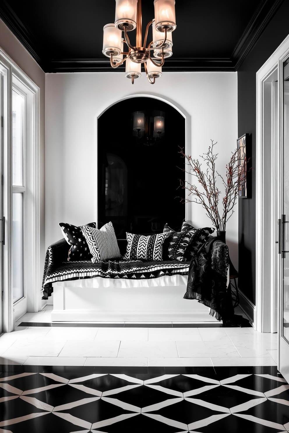 A striking foyer featuring a bench adorned with black and white layered textiles. The walls are painted in a crisp white, complemented by a bold black accent wall, creating a dramatic entrance. The floor is covered in a geometric black and white patterned tile that ties the space together. Elegant lighting fixtures hang from the ceiling, illuminating the area and highlighting the textures of the textiles.