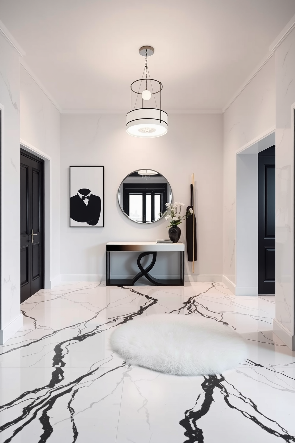 A sophisticated foyer featuring white marble flooring with striking black veins creates a dramatic entrance. Elegant black accents, such as a sleek console table and a large round mirror, enhance the monochromatic theme. The walls are adorned with minimalist black and white artwork, adding a touch of modern sophistication. A plush white area rug softens the space, while a stylish pendant light fixture illuminates the foyer beautifully.