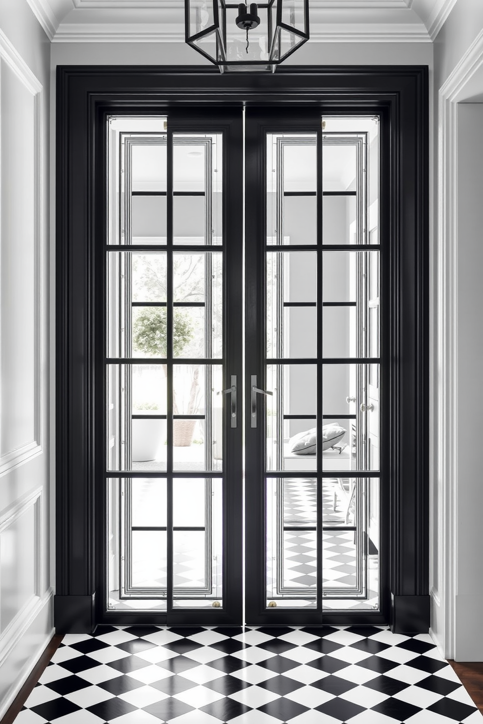 A stunning foyer with a black framed glass door featuring elegant white trim. The space is adorned with a monochromatic color palette, showcasing black and white geometric patterns on the floor and walls.