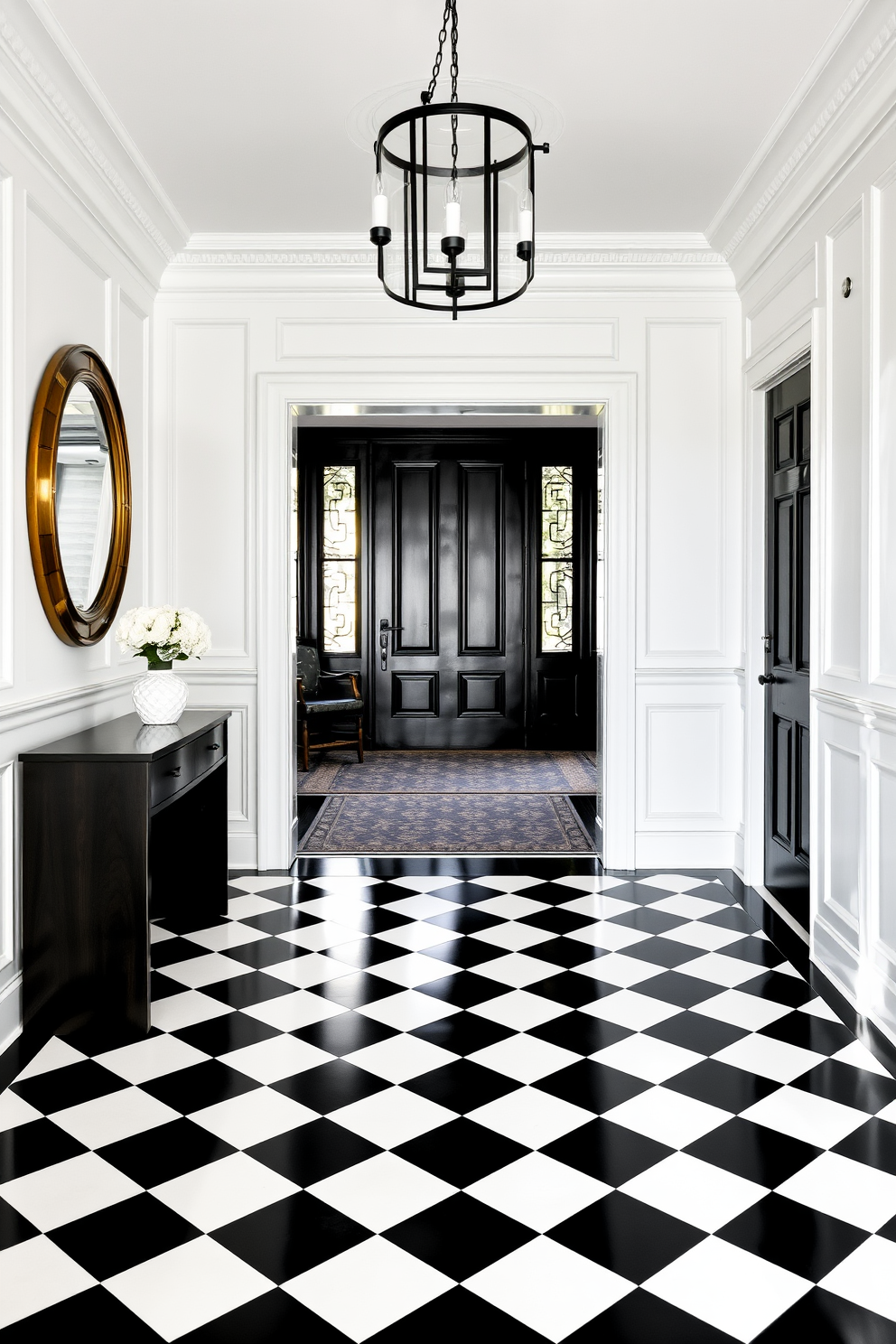 A stunning foyer featuring elegant white wainscoting that contrasts beautifully with bold black accents. The floor is adorned with a striking black and white geometric pattern, creating a sophisticated entryway that welcomes guests with style.