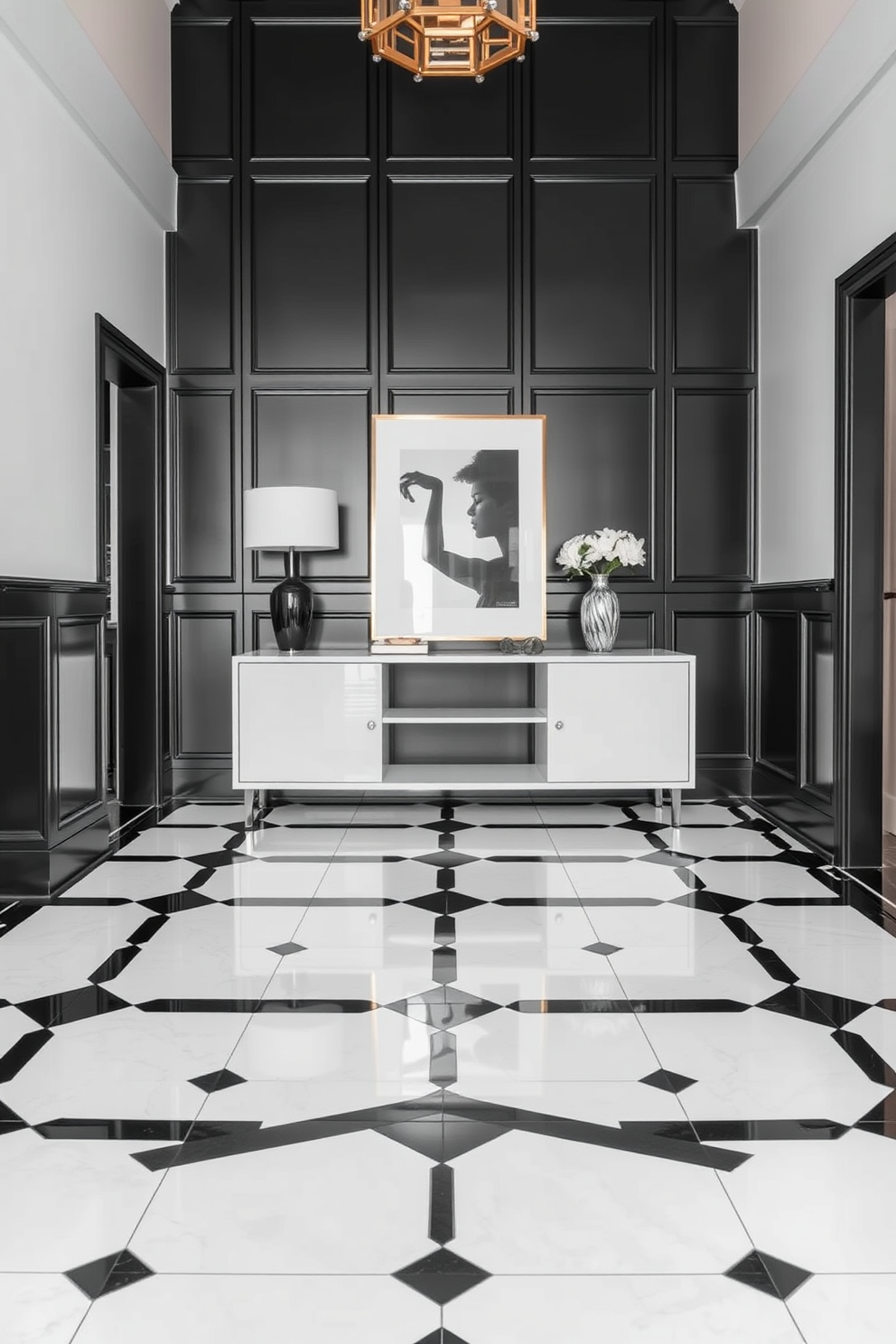 A striking foyer featuring monochrome geometric tile flooring that creates a bold visual impact. The walls are adorned with sleek black paneling, complemented by a white console table that showcases a modern art piece.