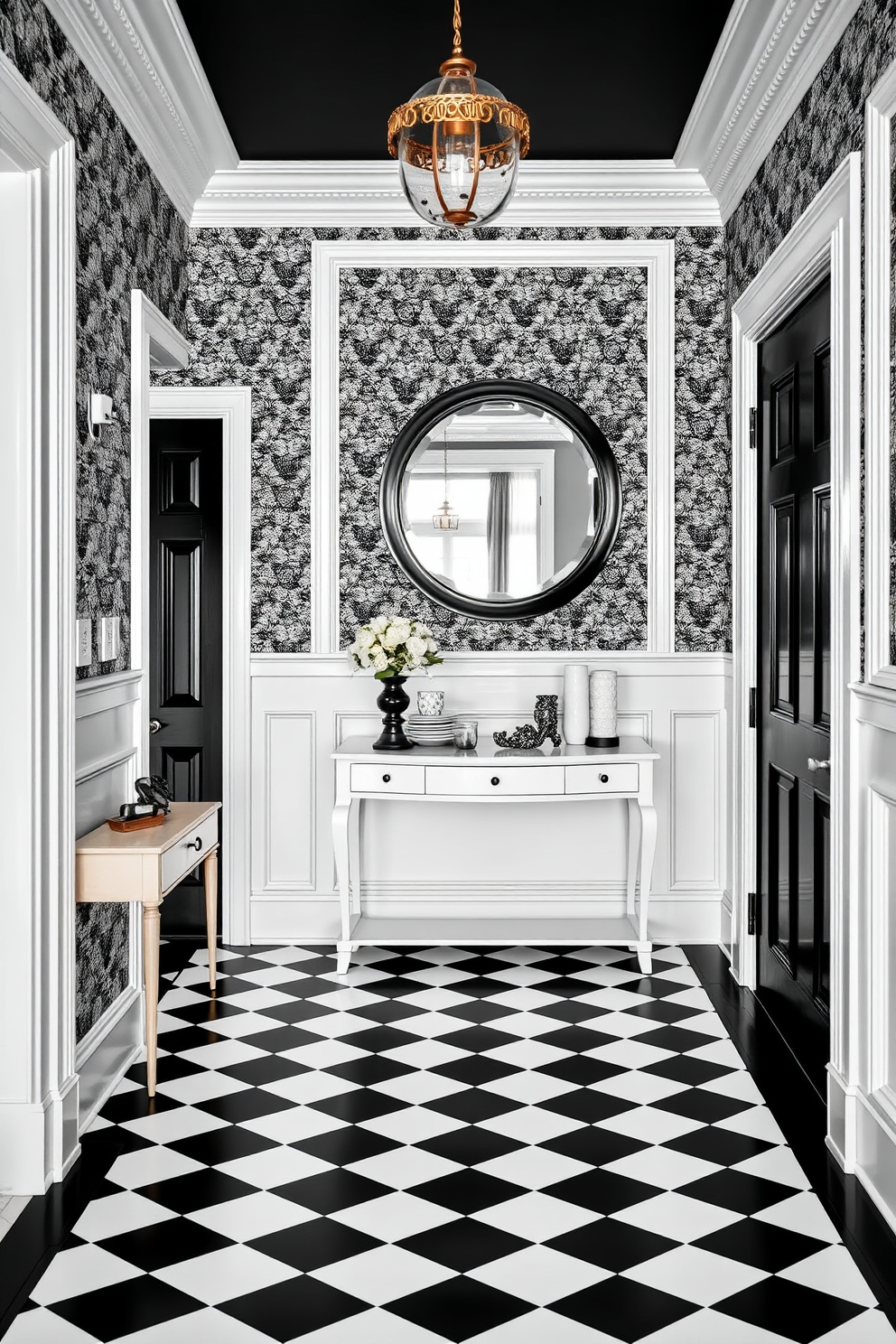 A striking foyer features a contrasting black door with elegant white trim, creating a bold entrance. The walls are adorned with classic black and white wallpaper, and a stylish console table sits against one side, topped with decorative accents. The floor showcases a checkerboard pattern in black and white tiles, enhancing the monochromatic theme. A large round mirror with a black frame hangs above the console table, reflecting light and adding depth to the space.