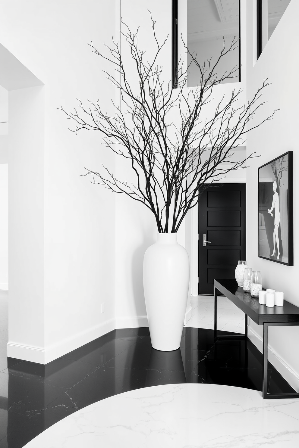 A striking foyer features a large white vase filled with elegant black branches that create a dramatic focal point. The space is adorned with a monochromatic color scheme, combining sleek black and white elements to enhance the modern aesthetic. The walls are painted in crisp white, while the flooring showcases bold black tiles that add depth to the design. A minimalist console table in black complements the overall look, providing a stylish area to display decorative items.