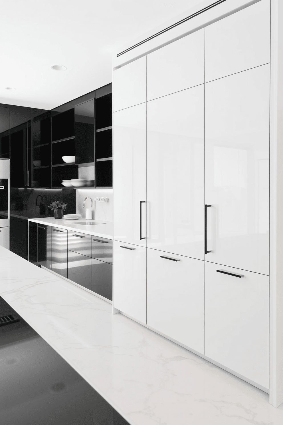 Sleek modern cabinetry with a glossy finish complements contrasting marble countertops in a black and white kitchen. The space features minimalist hardware and open shelving, creating a seamless flow and an airy atmosphere.