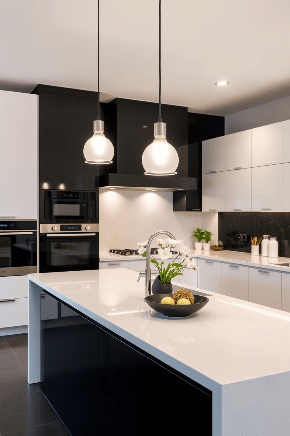 Elegant pendant lights hang gracefully over the kitchen island illuminating the space with a warm glow. The kitchen features a sleek black and white design with high-gloss cabinetry and contrasting matte finishes creating a modern yet timeless aesthetic.