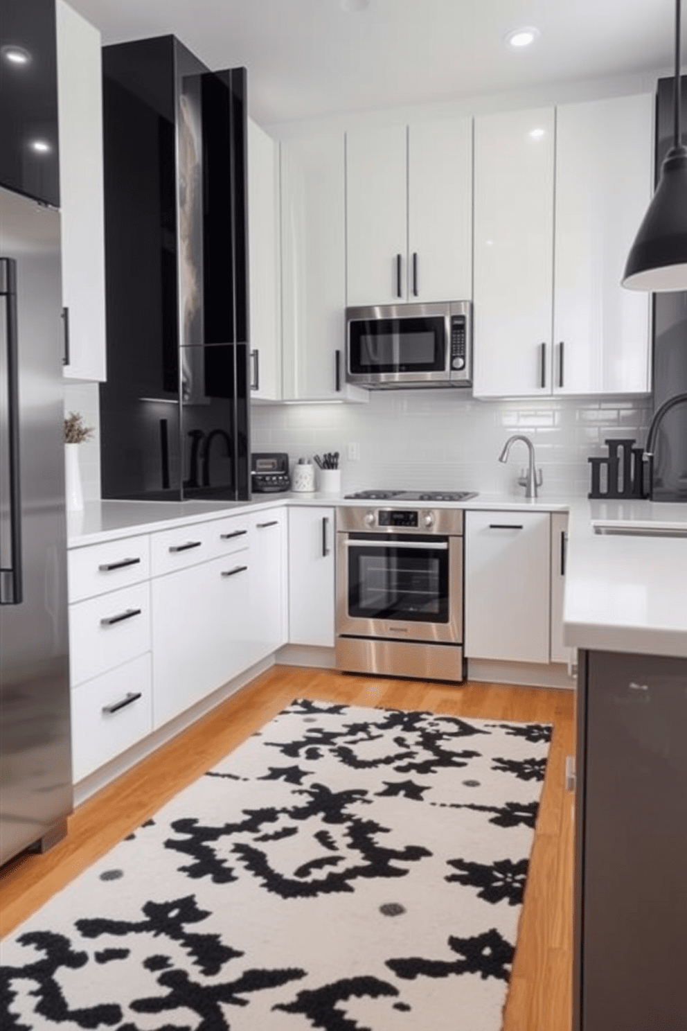 A chic kitchen featuring a black and white color scheme. The floor is adorned with a black and white patterned rug that adds warmth to the space. The cabinets are sleek and modern with a glossy finish, complemented by white countertops. Stainless steel appliances and black fixtures enhance the contemporary aesthetic.