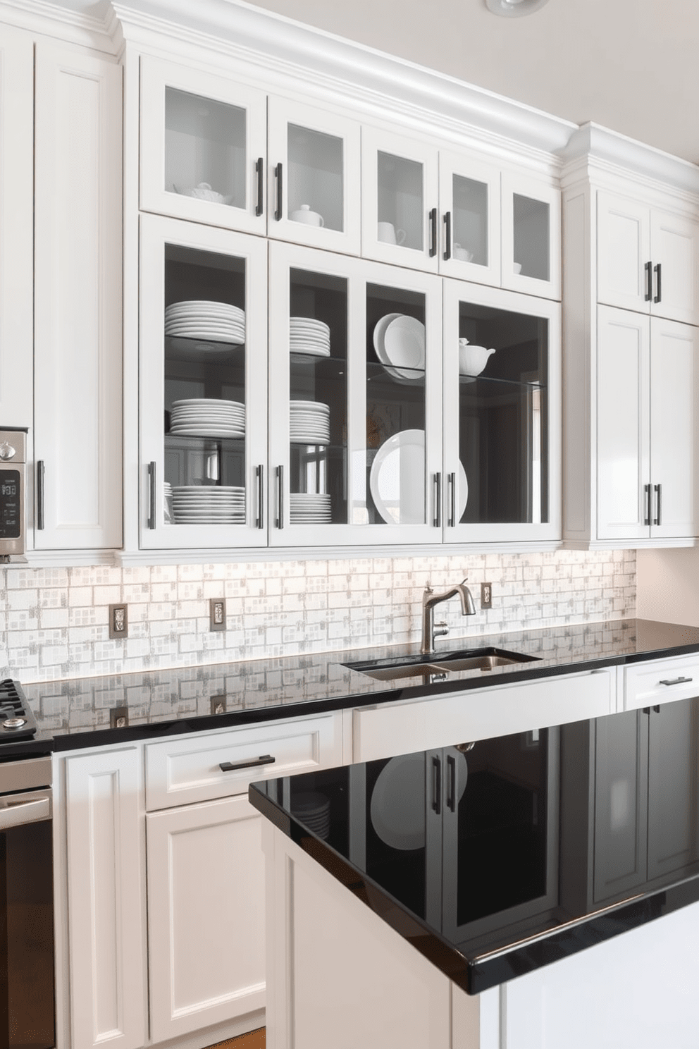 A sleek black and white kitchen featuring glass-front cabinets that elegantly display pristine white dishware. The countertops are a glossy black, complementing the white cabinetry, while a stylish backsplash adds a modern touch.