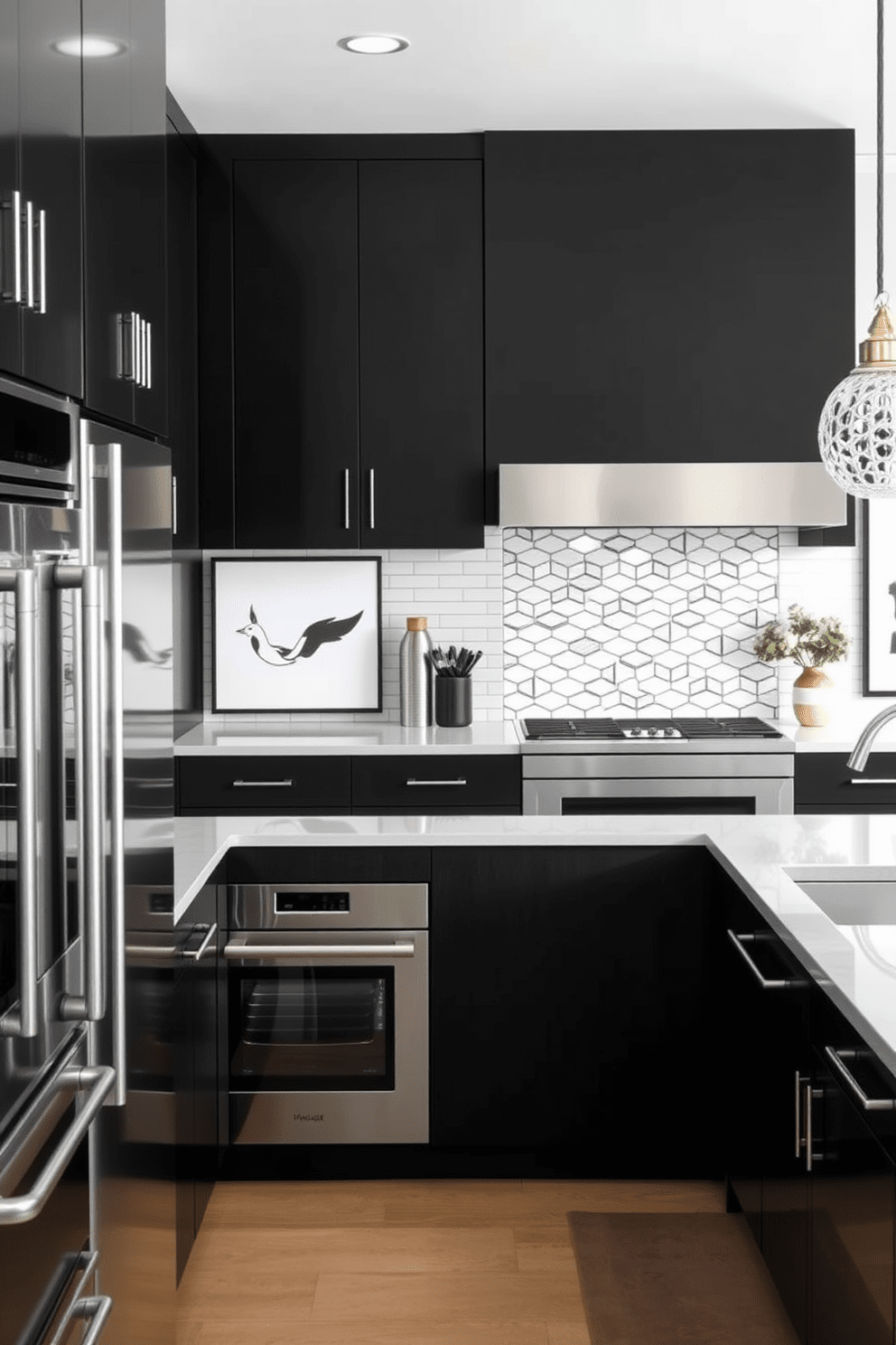 A modern kitchen featuring sleek stainless steel appliances seamlessly integrated into black cabinetry. The space is illuminated by pendant lights hanging above a large island with white quartz countertops, creating a striking contrast. The walls are adorned with minimalist black and white art, enhancing the contemporary aesthetic. A stylish backsplash in a geometric pattern adds texture to the design while maintaining the monochromatic theme.