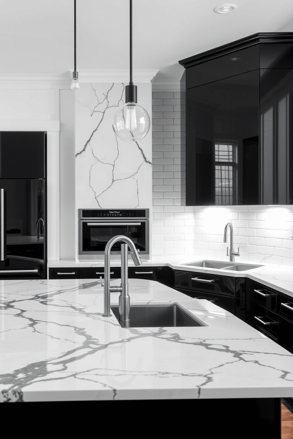 A stunning kitchen design featuring white marble countertops with striking black veins. The cabinetry is sleek and modern, finished in a high-gloss black, complementing the elegant marble surfaces. The space is illuminated by pendant lights with a minimalist design, hanging above a spacious island. A stylish backsplash in white subway tiles adds texture and contrast to the overall aesthetic.