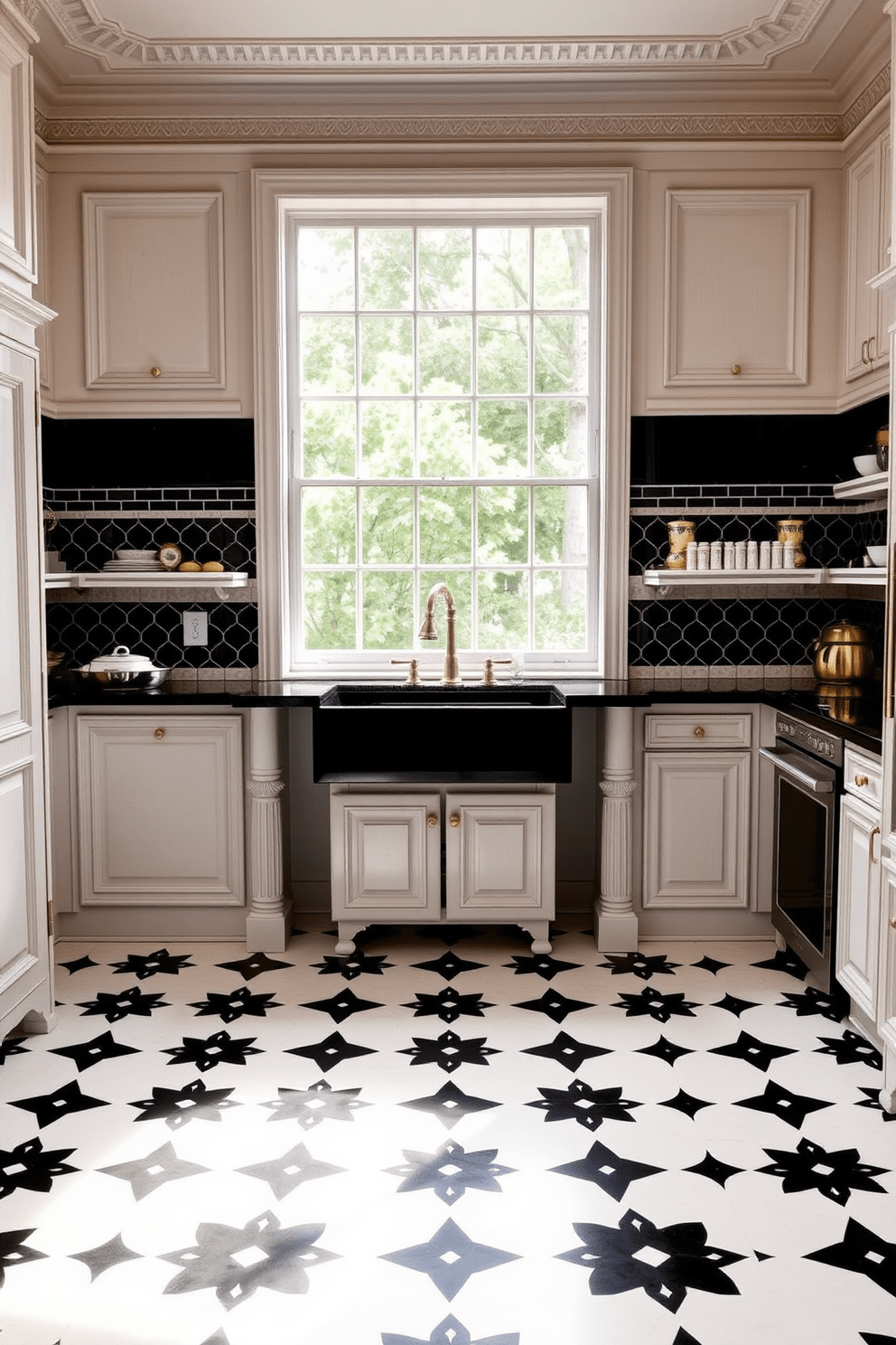 A vintage-style kitchen featuring black and white floor tiles that create a striking contrast. The cabinetry is a classic white with intricate moldings, complemented by a black farmhouse sink and brass fixtures. The countertops are a sleek black granite, providing a modern touch to the vintage aesthetic. Above the sink, a large window allows natural light to flood the space, highlighting the unique tile pattern.