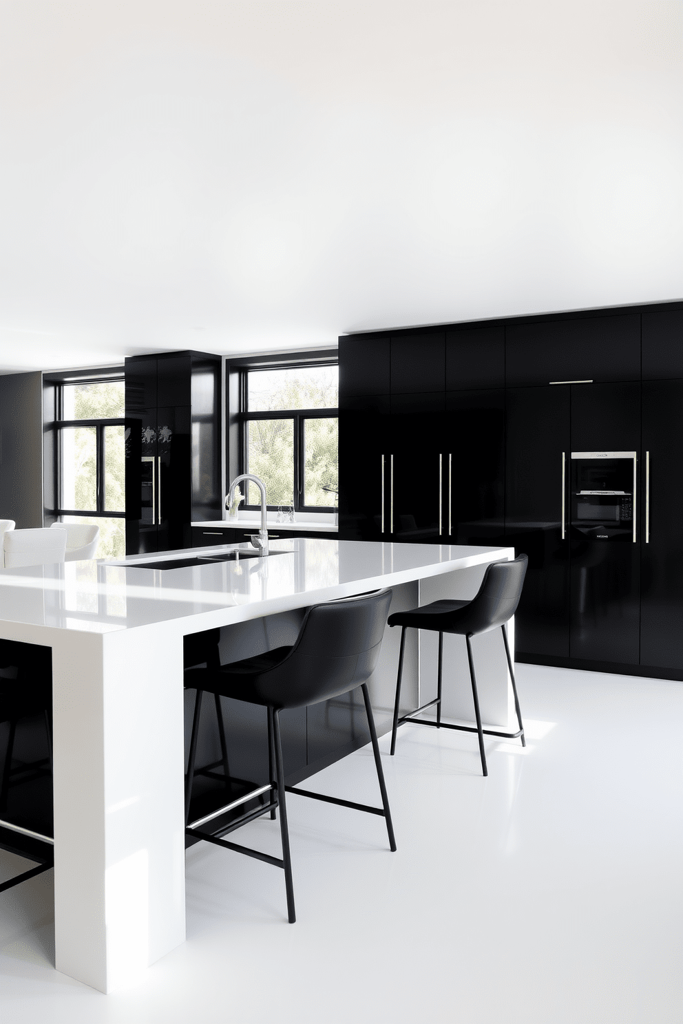 A sleek kitchen featuring a white island with a glossy finish. Surrounding the island are elegant black bar stools that complement the monochromatic theme. The cabinetry is a striking black with modern hardware, creating a bold contrast against the white countertops. Large windows allow natural light to flood the space, enhancing the clean lines and contemporary feel.