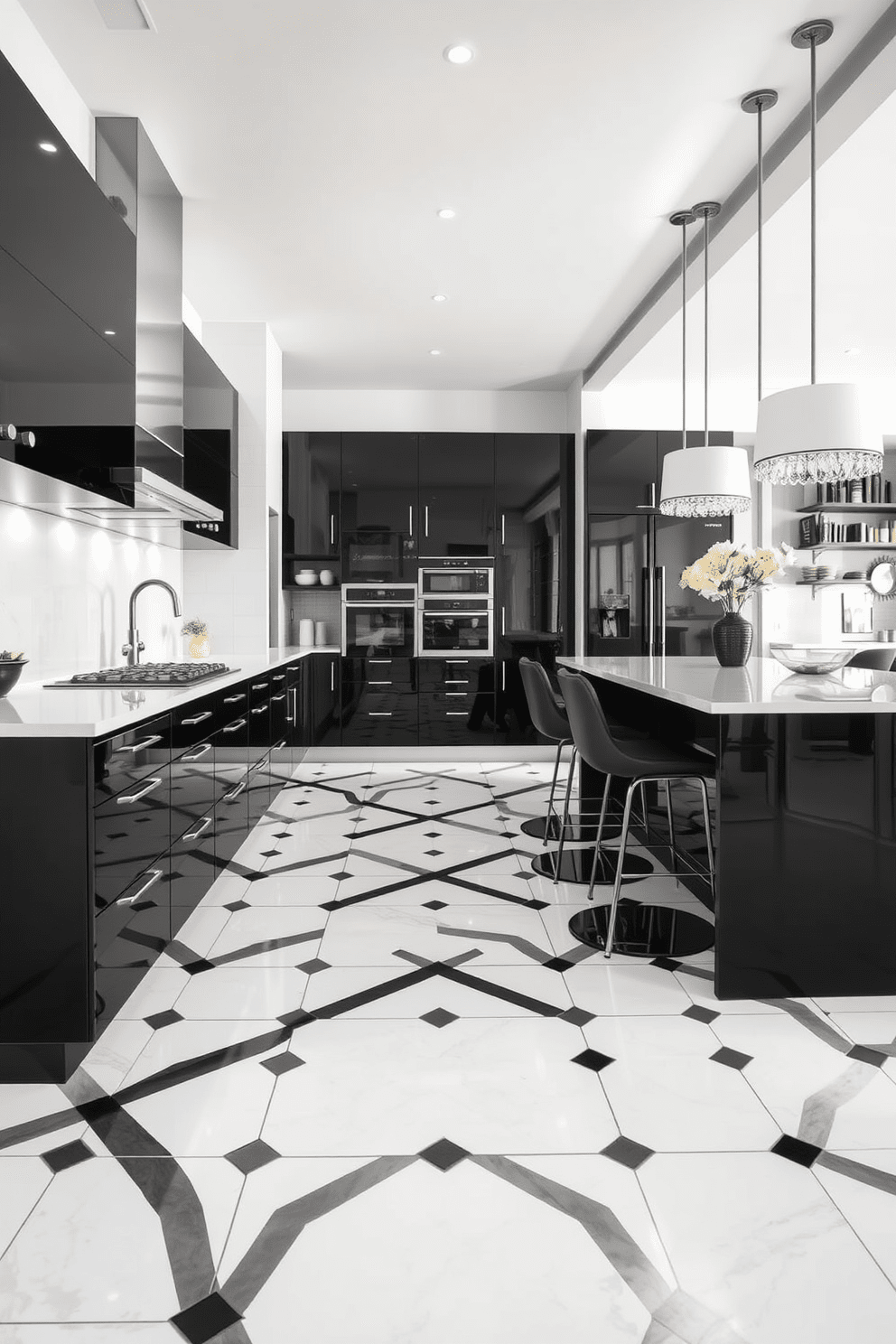 A modern kitchen featuring a striking black and white color scheme. The floor is adorned with geometric tile patterns that create a dynamic visual impact. The cabinetry is sleek and minimalist, with glossy black finishes contrasting against white countertops. A large central island serves as both a functional workspace and a gathering area, complemented by stylish bar stools.