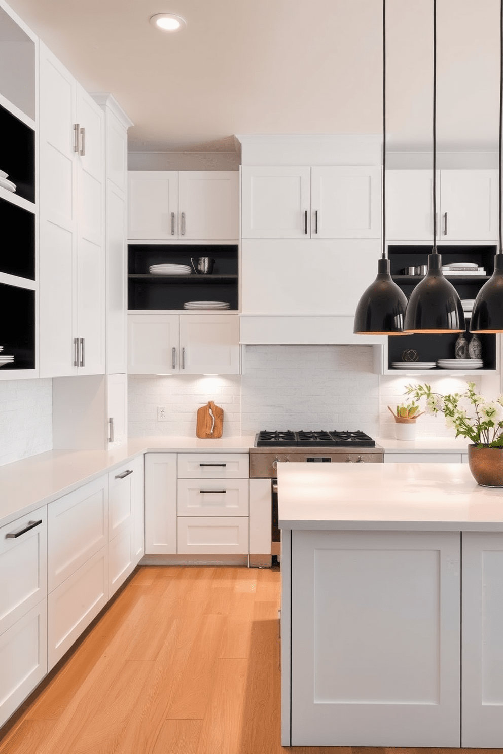 A modern kitchen featuring white cabinetry that seamlessly integrates with black open shelving. The contrast between the sleek white cabinets and the bold black shelves creates a striking visual appeal. The kitchen island is topped with a polished white countertop, providing ample space for meal preparation and casual dining. Pendant lights with black finishes hang above the island, adding a touch of sophistication to the overall design.