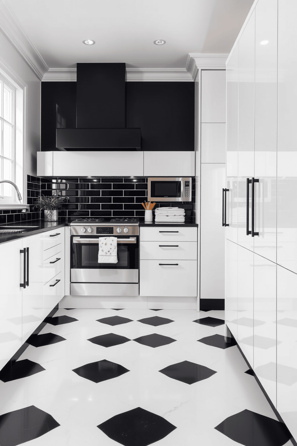 A striking black and white kitchen features classic checkerboard tile flooring that adds a dramatic touch to the space. The cabinetry is sleek and modern, with glossy white finishes contrasting against black accents, creating a sophisticated atmosphere.