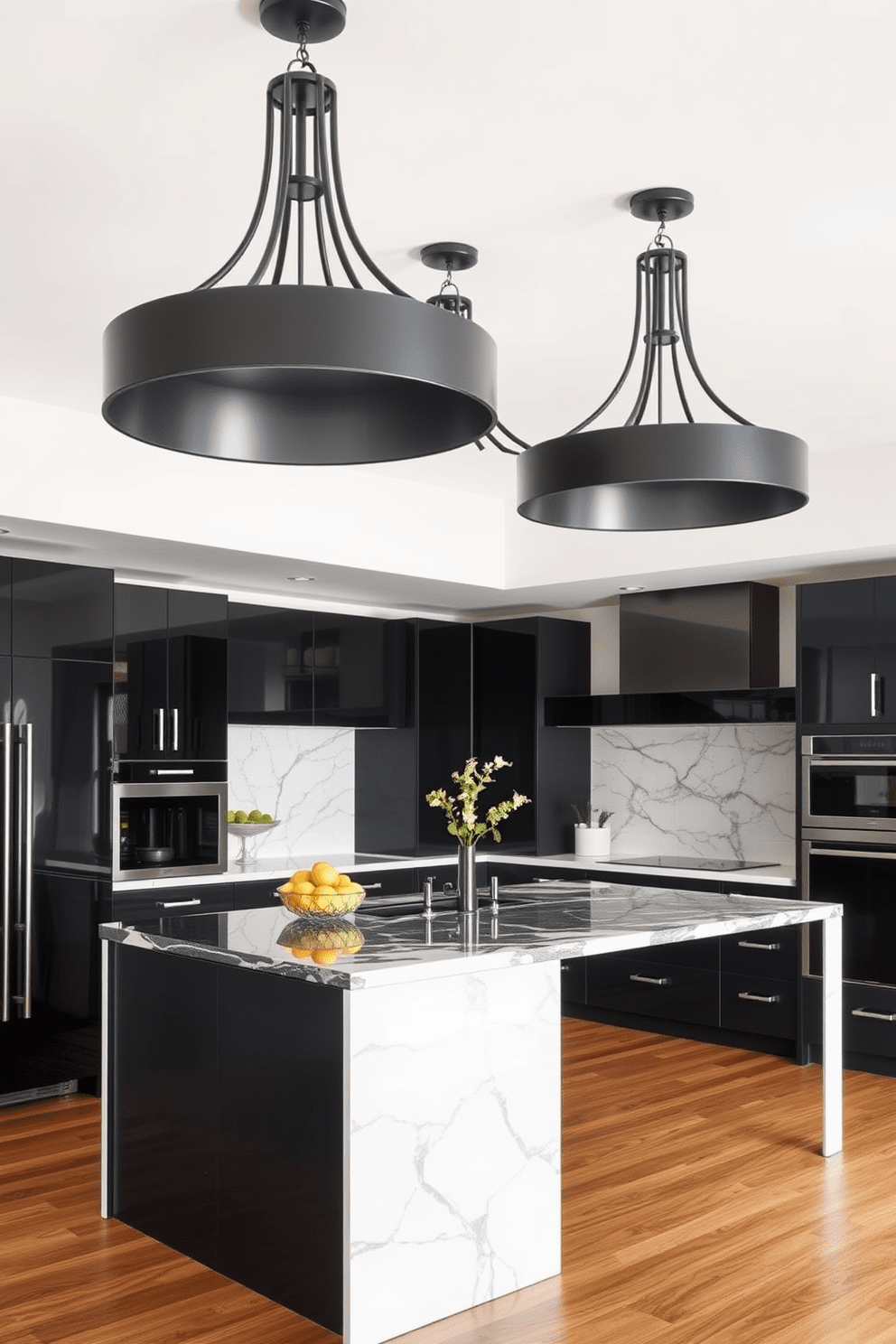 Chic black light fixtures create a warm and inviting ambiance in the kitchen. The fixtures are elegantly designed, adding a modern touch to the overall aesthetic. The black and white kitchen design features sleek cabinetry and a striking marble backsplash. A large island with contrasting colors serves as the centerpiece, enhancing both functionality and style.