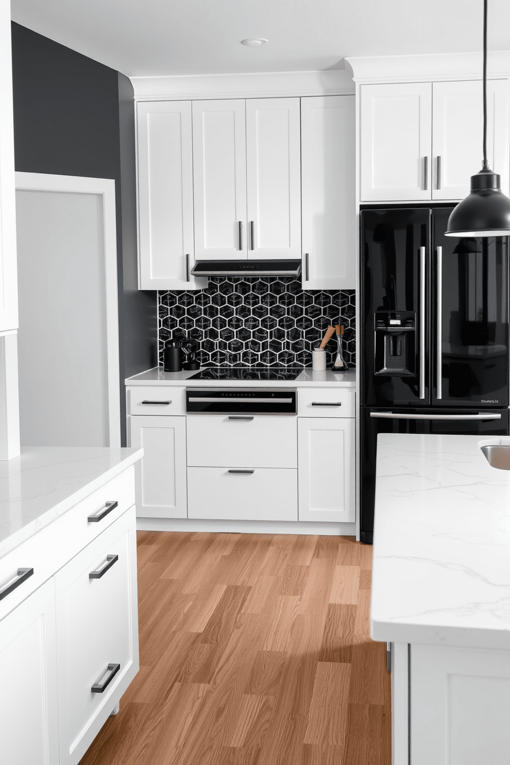 A striking kitchen design featuring black appliances that create a bold statement. The cabinetry is a crisp white, providing a stunning contrast to the sleek black refrigerator and oven. The countertops are a polished white quartz with subtle gray veining, enhancing the modern aesthetic. A stylish backsplash of black and white geometric tiles ties the theme together, while pendant lights with black shades illuminate the space.