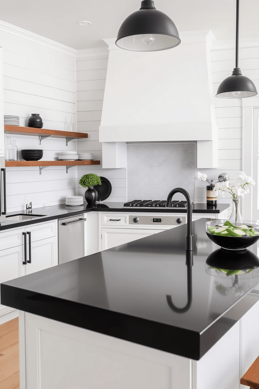 A bright and airy kitchen featuring white shiplap walls that create a fresh and inviting atmosphere. Black accents are incorporated through sleek cabinetry and hardware, adding a modern touch to the overall design. The kitchen island showcases a beautiful black countertop that contrasts elegantly with the white shiplap. Open shelving displays stylish dishware and decorative items, enhancing the black and white theme throughout the space.