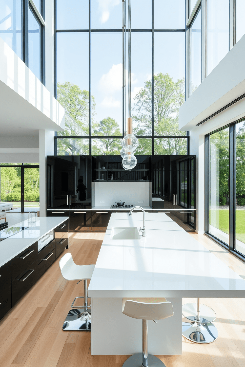 A spacious kitchen filled with natural light from large floor-to-ceiling windows that frame a stunning view of the outdoors. The design features a sleek black and white color palette, with glossy black cabinets contrasting against a crisp white backsplash and countertops. An oversized island in the center serves as both a cooking area and a gathering space, adorned with stylish bar stools. Pendant lights hang above the island, adding a touch of elegance and warmth to the modern aesthetic.