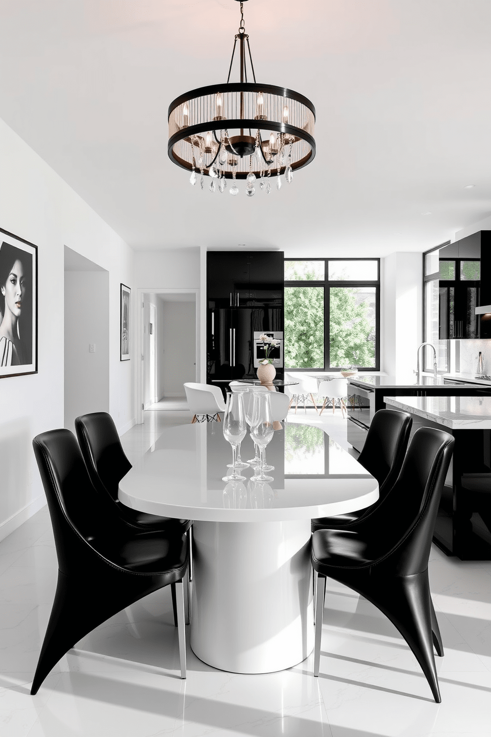 Contemporary black dining chairs surround a sleek white table set in an elegant dining area. The walls are adorned with minimalist art, and a modern chandelier hangs above, casting a warm glow. The kitchen features a striking black and white color scheme, with glossy black cabinets and white marble countertops. Stainless steel appliances complement the design, and large windows allow natural light to flood the space.