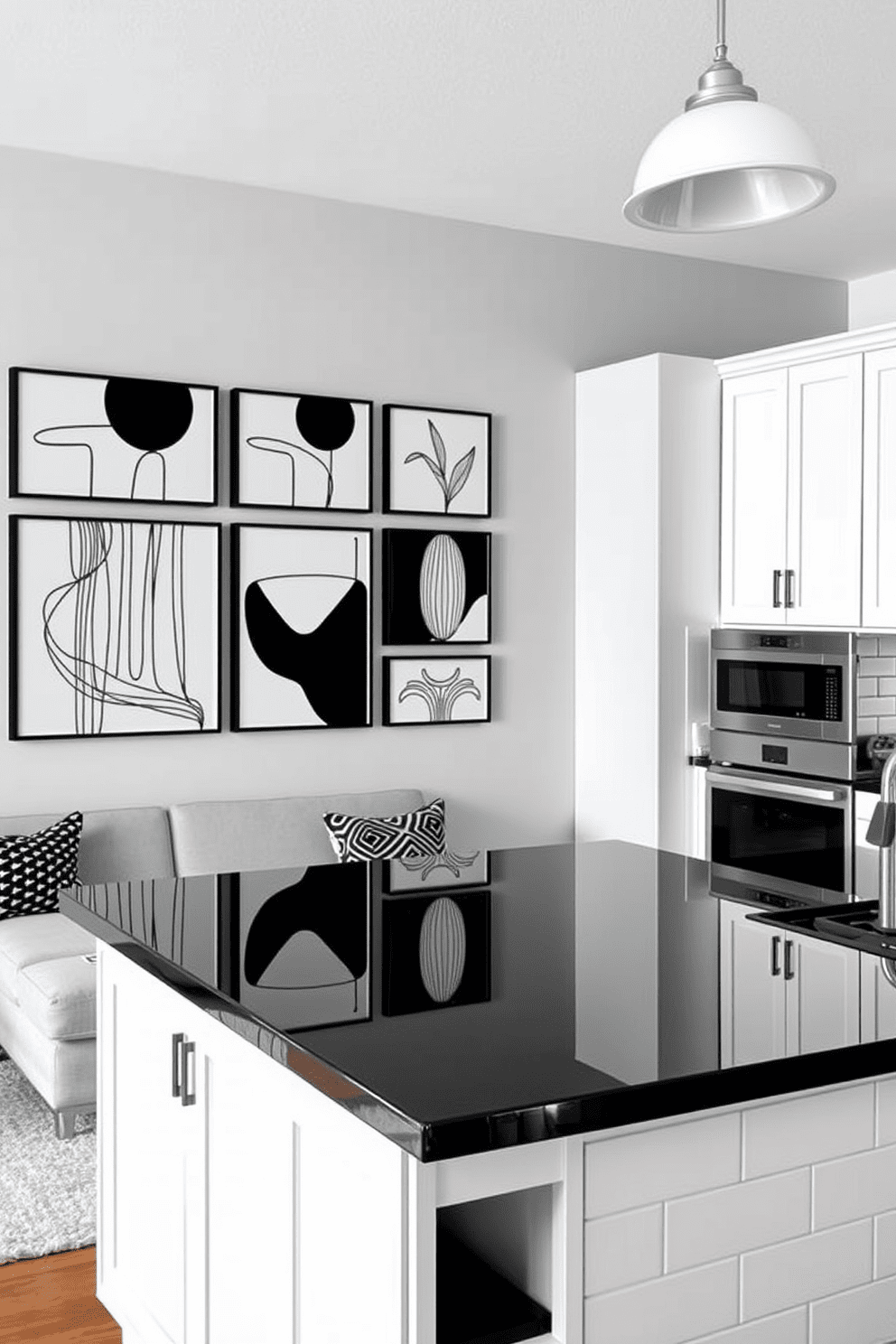 A striking display of decorative wall art in black and white adorns the living room. The pieces feature abstract shapes and bold lines, creating a captivating focal point against a soft gray wall. The kitchen showcases a modern black and white design with sleek cabinetry and a minimalist aesthetic. Glossy black countertops contrast beautifully with white subway tiles, while stainless steel appliances add a touch of elegance.