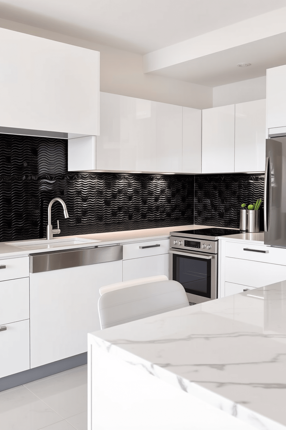 A modern kitchen featuring a textured black backsplash that adds depth and interest to the space. Glossy white cabinets provide a sleek and clean contrast, enhancing the overall elegance of the design. The kitchen island is topped with a polished marble surface, perfect for both cooking and entertaining. Stainless steel appliances complement the black and white theme, creating a cohesive and stylish look.