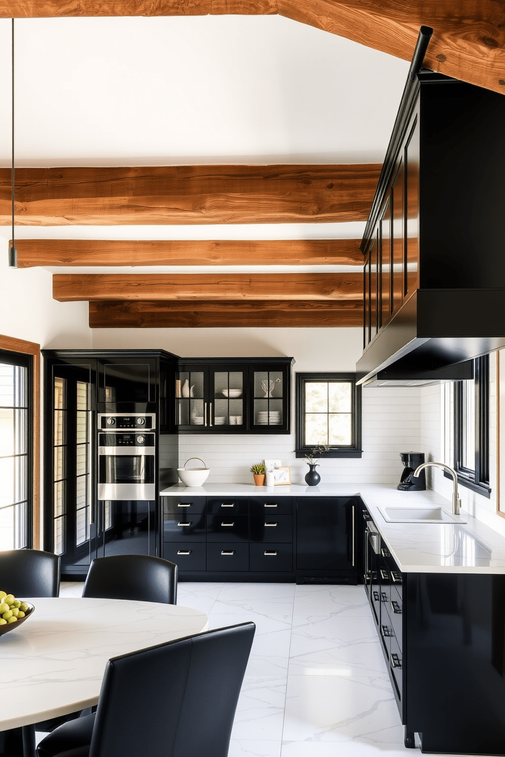 A cozy kitchen featuring rustic wood beams that contrast beautifully with a sleek white ceiling. The space showcases a black and white color palette, with glossy black cabinets and white marble countertops that create a modern yet inviting atmosphere.