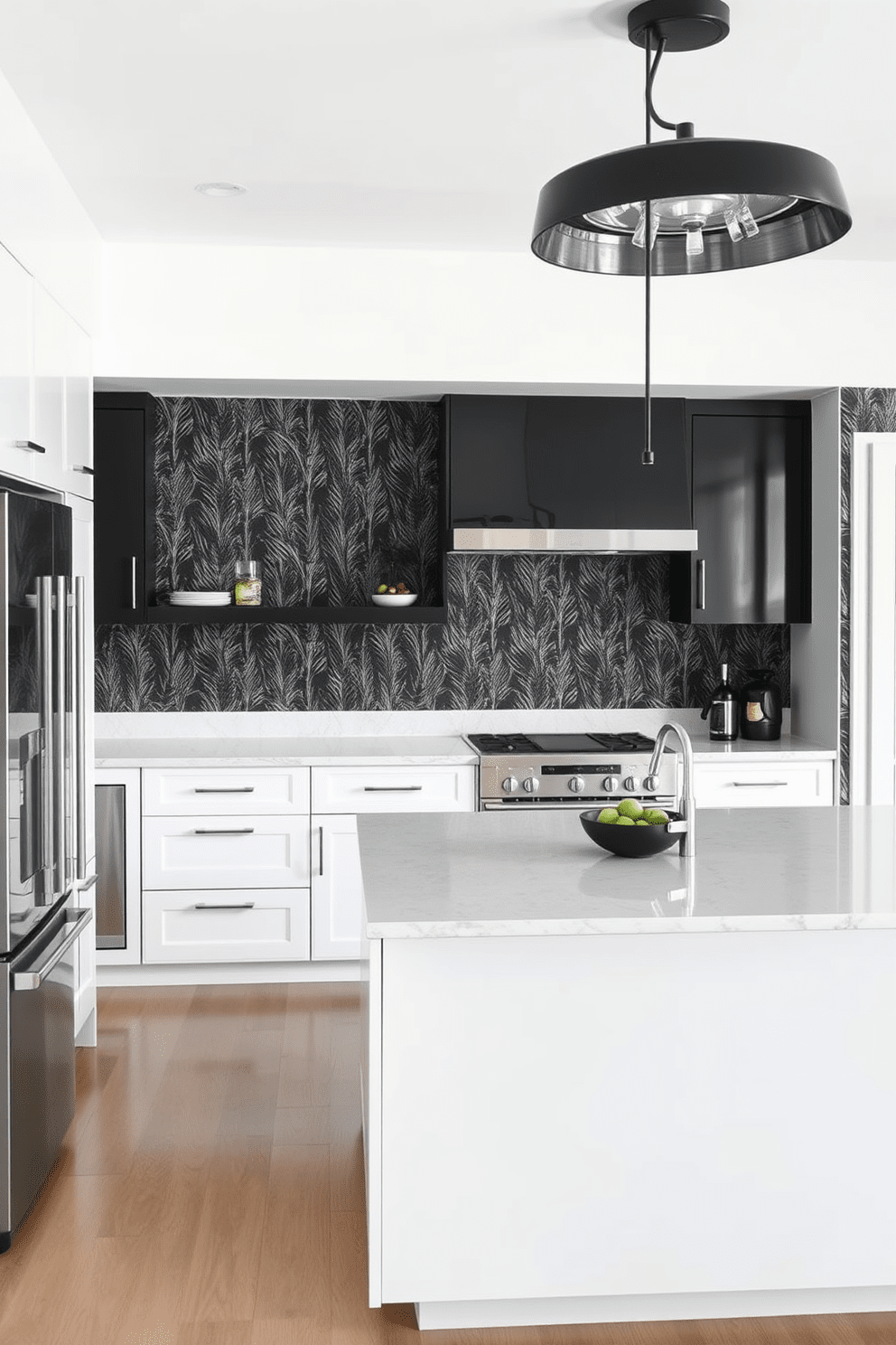 A striking black and white kitchen featuring unique wallpaper that adds flair to the space. The cabinetry is sleek and modern, complemented by stainless steel appliances and a large central island with bar seating.