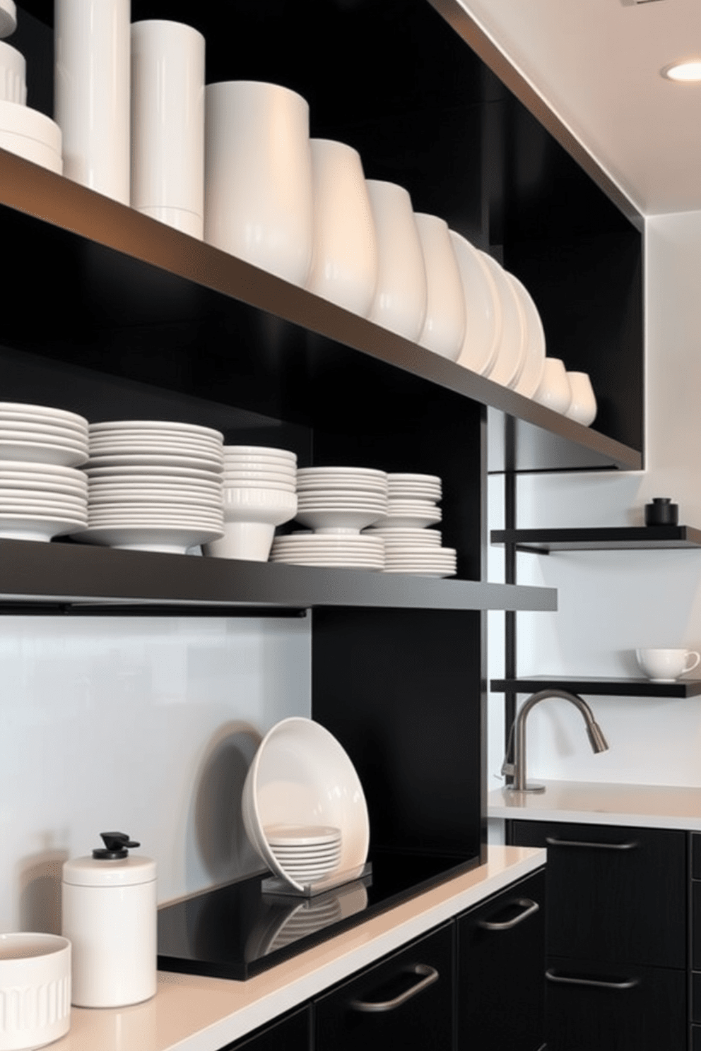 Open shelving displays a collection of white dishes against a backdrop of sleek black accents. The kitchen features a modern design with contrasting elements, creating a striking visual appeal.