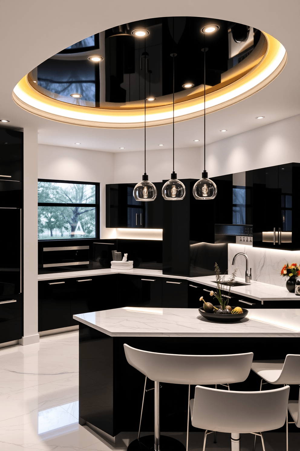 A sleek black and white kitchen features integrated lighting that enhances its modern aesthetic. The cabinetry is a glossy black with white marble countertops, and recessed lights illuminate the space, creating a warm and inviting atmosphere. The kitchen island serves as a focal point, adorned with stylish bar stools and pendant lights above. A large window allows natural light to flood in, complementing the contemporary design elements throughout.