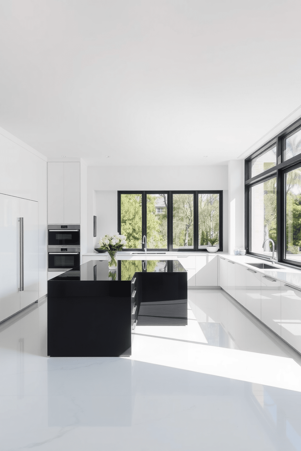 A minimalist kitchen featuring a bold black island as the centerpiece. The cabinetry is sleek and white, creating a striking contrast with the dark island. Large windows allow natural light to flood the space, enhancing the clean lines and open feel. The countertops are made of polished quartz, reflecting the modern aesthetic of the design.