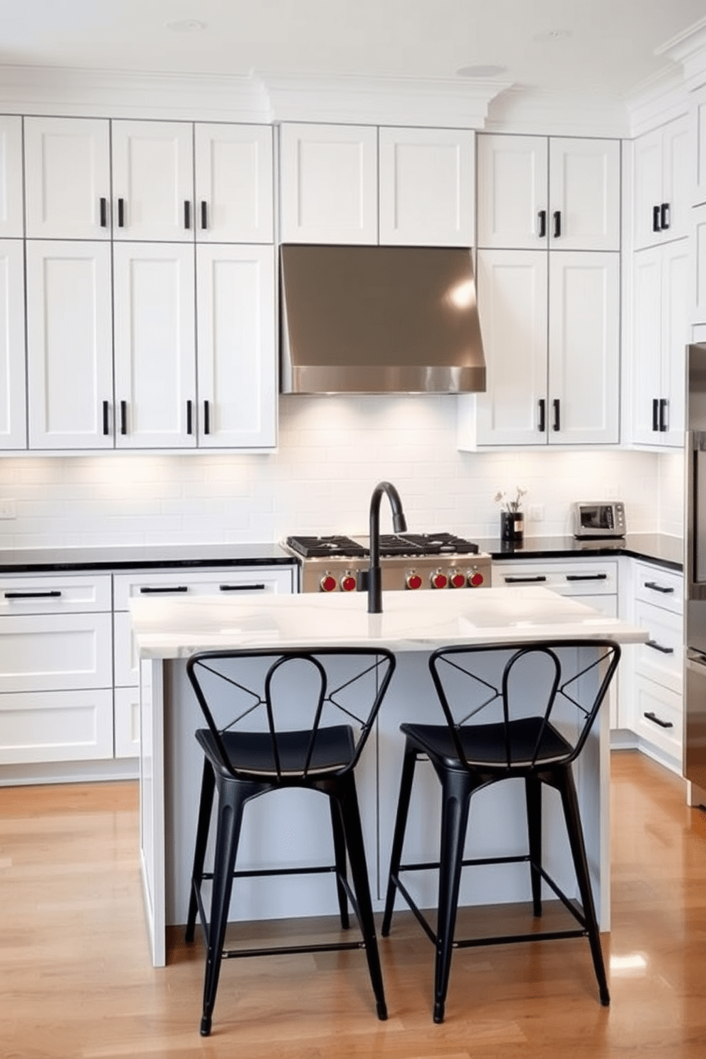 A modern kitchen featuring white cabinets with sleek black hardware. The countertops are a striking black quartz, and the backsplash consists of glossy white subway tiles. An island in the center provides additional workspace and is topped with a white marble slab. Stylish bar stools with black metal frames are positioned around the island for casual dining.