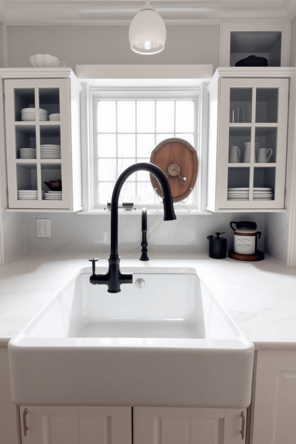 A charming kitchen featuring a farmhouse sink with a sleek black faucet and matching trim. The cabinetry is painted in crisp white, complemented by black hardware and a stunning marble backsplash. The countertops are a beautiful white quartz with subtle gray veining. Natural light floods the space through a large window above the sink, illuminating the open shelving displaying rustic dishware.