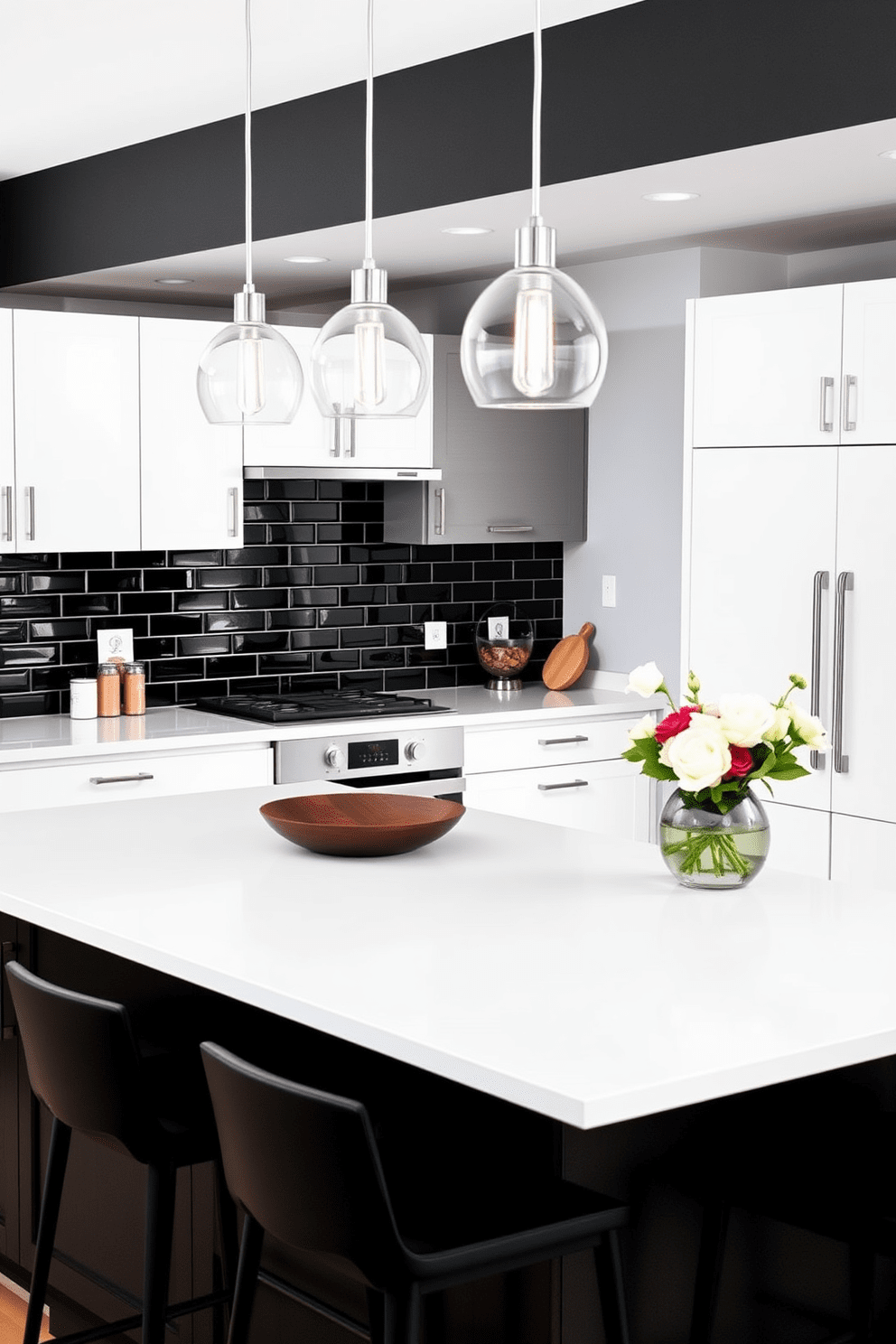 A modern kitchen featuring bold black backsplash tiles that create a striking contrast against the crisp white cabinetry. The space is illuminated by pendant lights hanging over a large island, which is topped with a sleek white countertop.