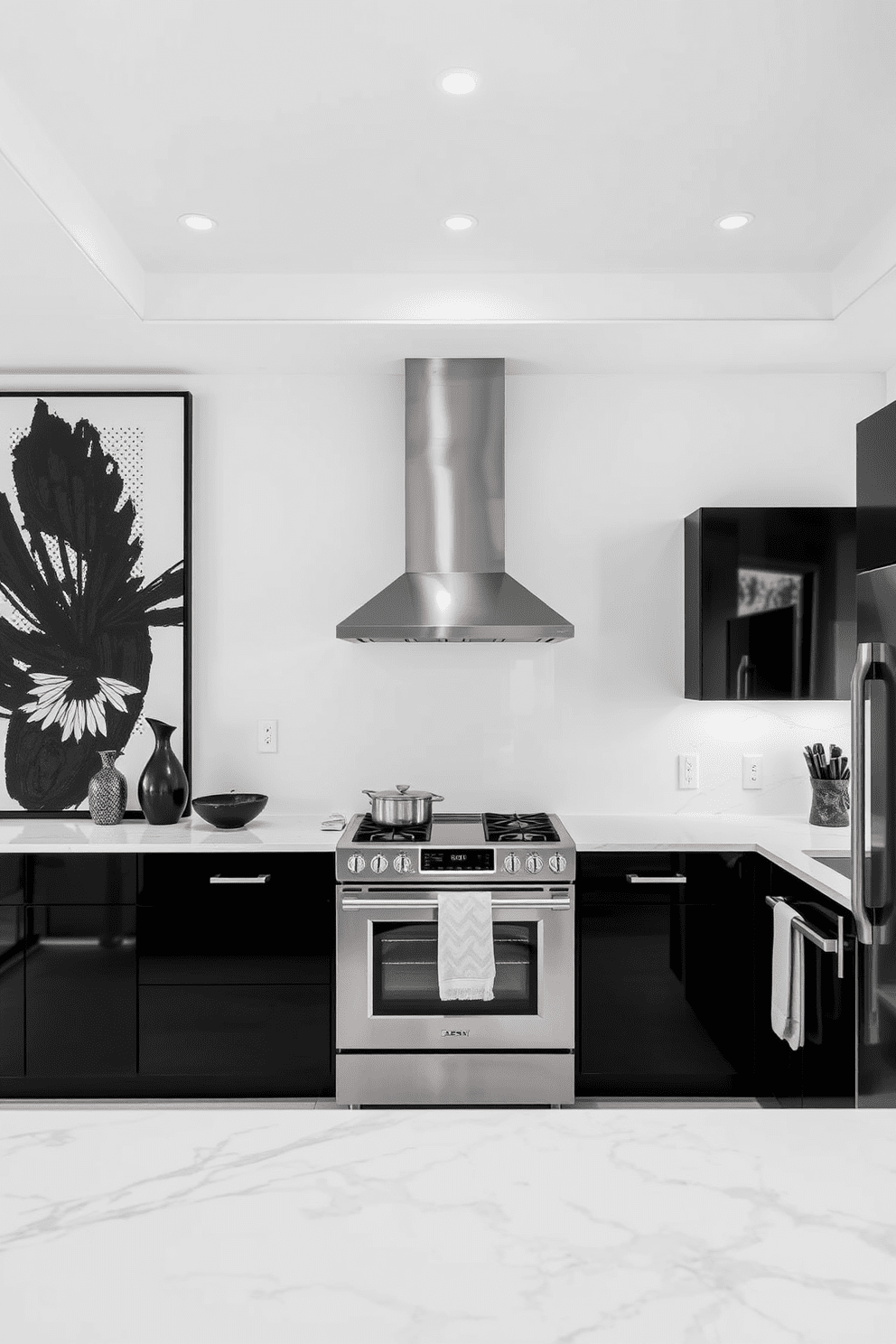 Monochrome art pieces to enhance decor. The walls are adorned with large black and white abstract paintings, creating a striking focal point in the room. Black and White Kitchen Design Ideas. The kitchen features sleek black cabinetry paired with white marble countertops, complemented by stainless steel appliances for a modern touch.