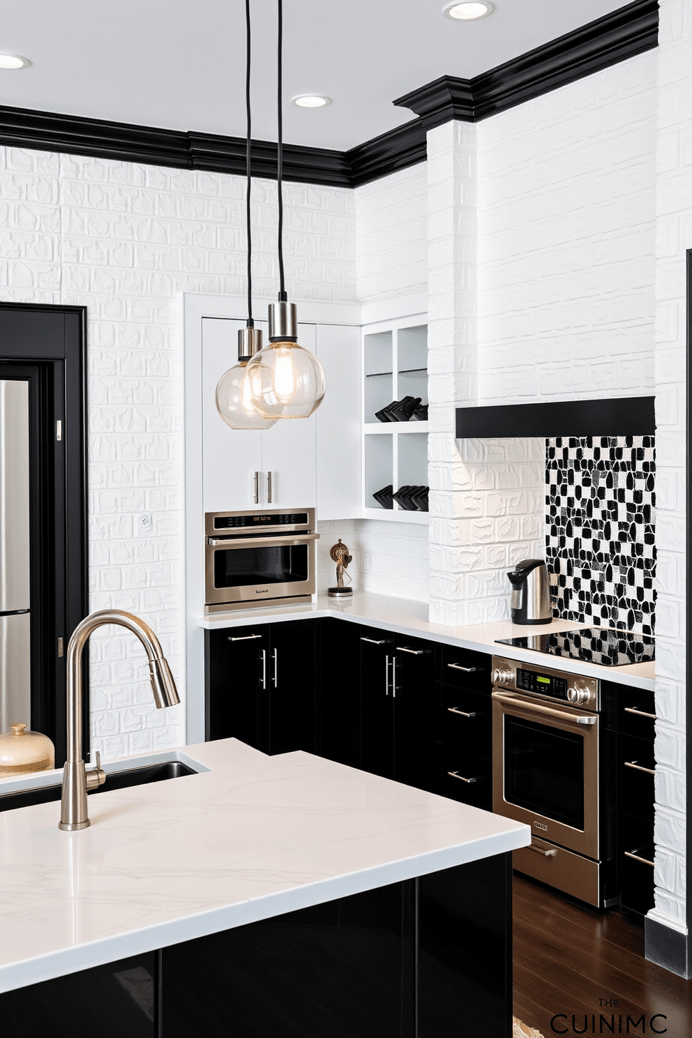 A modern kitchen featuring textured white walls complemented by sleek black trim. The space includes high-gloss black cabinetry, a white marble island, and stainless steel appliances, creating a striking contrast. The kitchen is illuminated by pendant lights that hang above the island, casting a warm glow over the space. A chic black and white tiled backsplash adds a sophisticated touch, tying the design elements together.