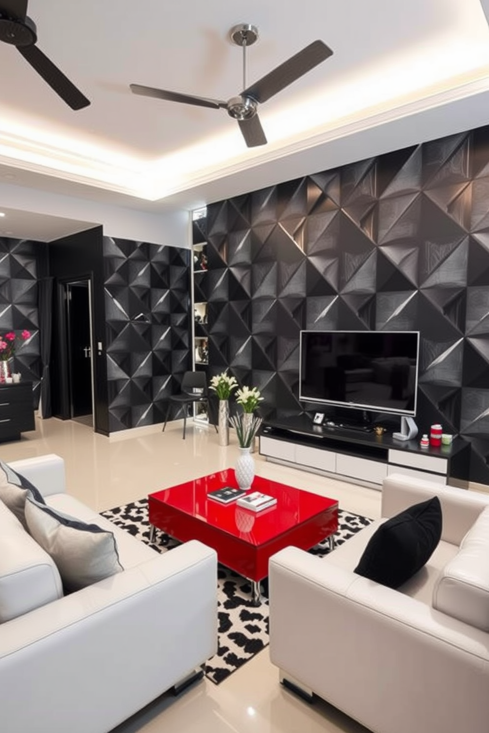 A contemporary living room featuring modern geometric patterns on the walls. The space is decorated in black and white, with sleek furniture and bold accents that create a striking visual contrast.