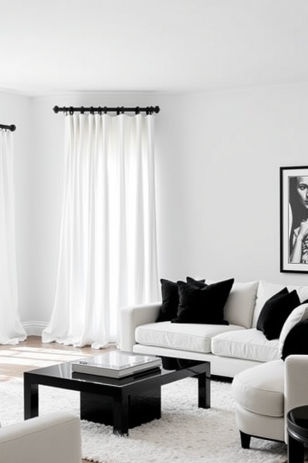 Elegant white curtains drape gracefully from a sleek black rod, creating a soft and airy ambiance in the room. The contrast between the crisp white fabric and the bold black hardware adds a touch of sophistication to the space. The living room features a harmonious blend of black and white elements, with a plush white sofa adorned with black accent pillows. A striking black coffee table sits atop a white rug, while artwork in monochrome tones adorns the walls, enhancing the overall elegance of the design.