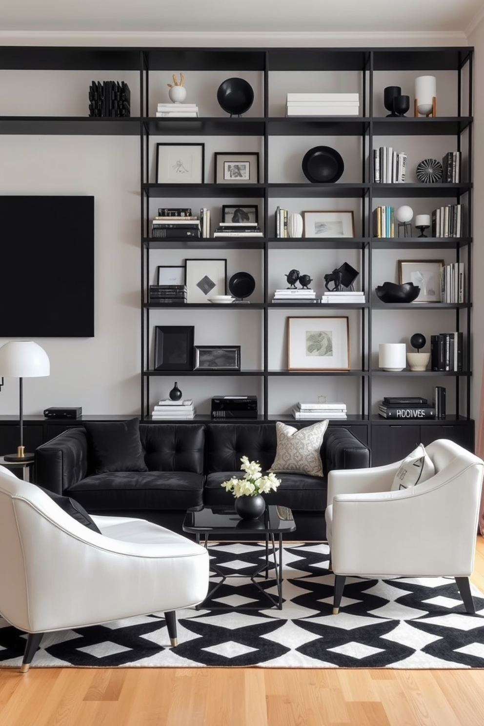 Open shelving displays a curated collection of black and white decor items, creating a striking visual contrast against the light-colored walls. The shelves are filled with a mix of art pieces, books, and decorative objects, all in varying textures and shapes to add depth to the design. A cozy seating area features a plush black sofa paired with white accent chairs, enhancing the monochromatic theme. A geometric black and white rug anchors the space, while a sleek coffee table adds a modern touch to the overall aesthetic.