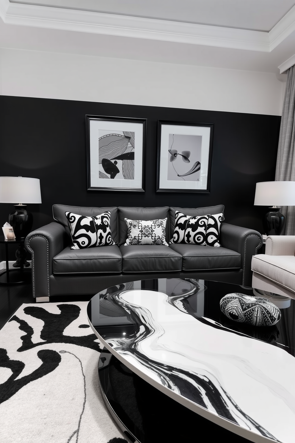 A stylish black and white living room features a comfortable sofa adorned with black and white patterned cushions that add a touch of elegance. The room is enhanced by a sleek coffee table with a glossy finish and a striking area rug that ties the color scheme together.