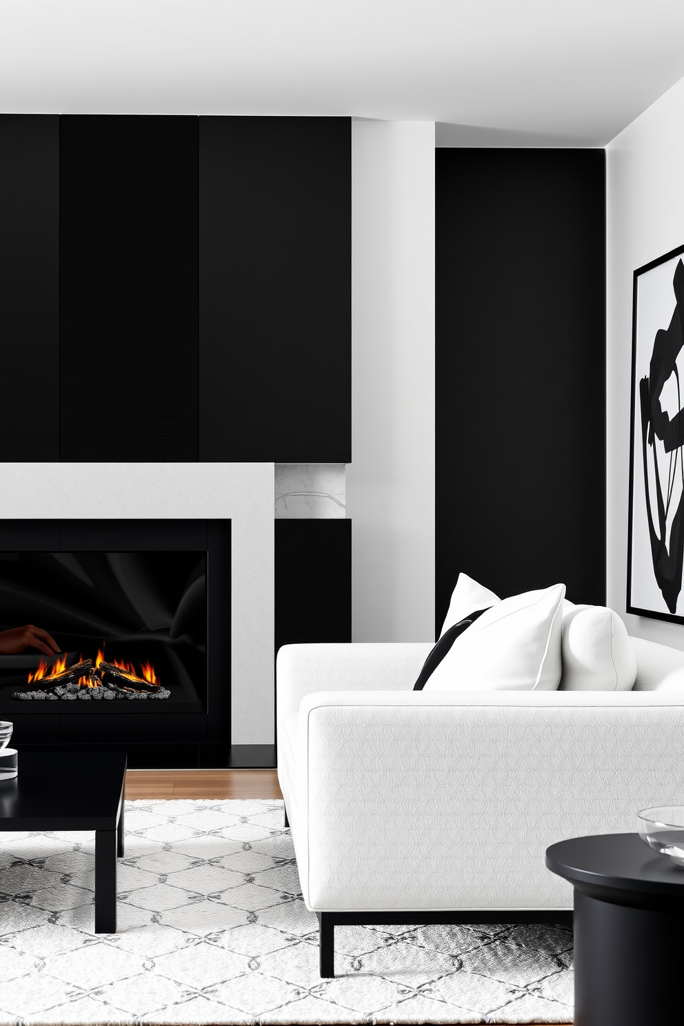 A sleek contemporary fireplace design features a minimalist black frame with a white stone surround. The fireplace is built into a feature wall adorned with textured black panels, creating a striking focal point in the room. The black and white living room showcases a harmonious blend of modern furnishings and elegant decor. A plush white sofa is paired with a black coffee table, while abstract black and white artwork adorns the walls, enhancing the sophisticated atmosphere.