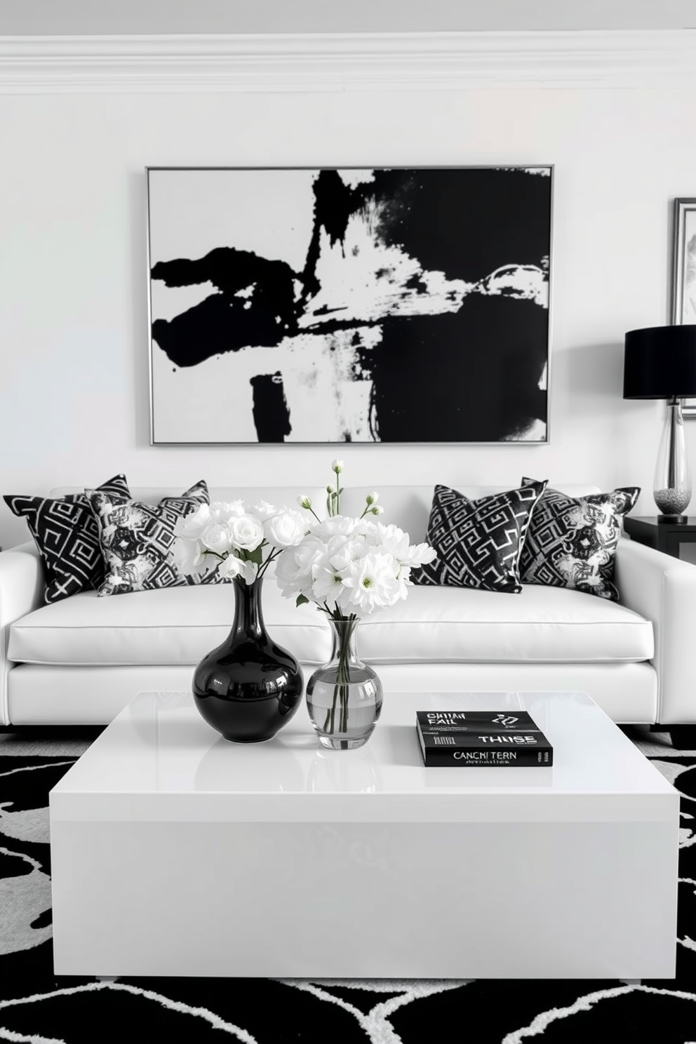 A chic black and white living room featuring a sleek sofa adorned with patterned throw pillows. The walls are painted in a soft white hue, complemented by a large abstract black and white artwork above the mantel. Monochromatic floral arrangements in elegant vases placed on a minimalist coffee table. The room is enhanced with a stylish area rug that ties together the black and white color scheme.