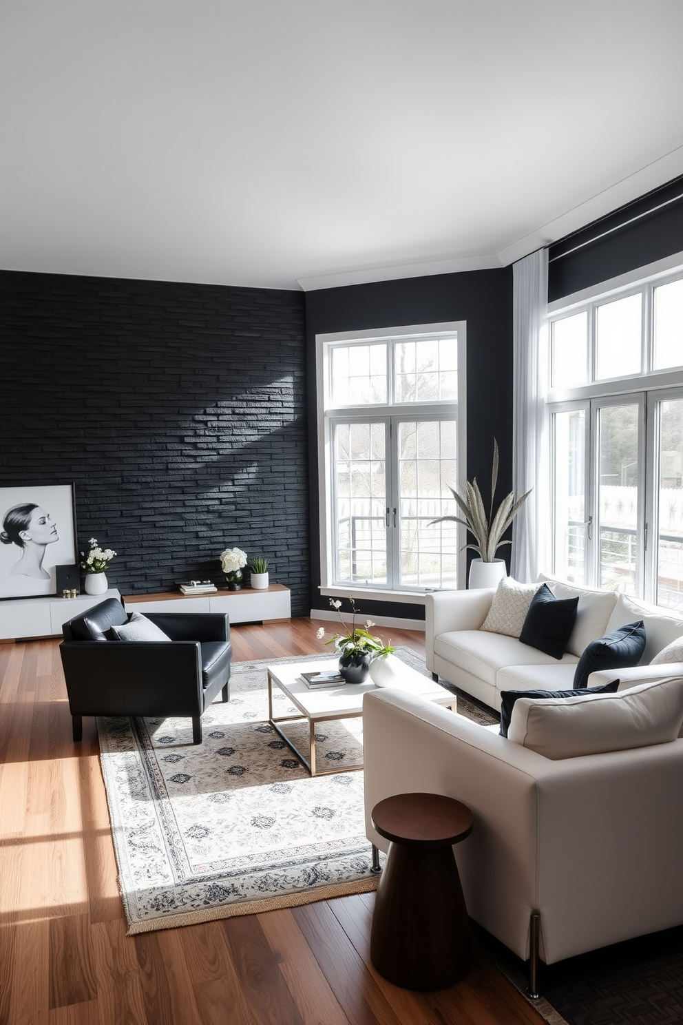 Textured black accent wall adorned with white decor creates a striking focal point in the living room. A sleek white sofa is paired with black accent chairs, while a minimalist coffee table sits at the center, complemented by a stylish area rug. Large windows allow natural light to flood the space, enhancing the contrast between the dark wall and the bright furnishings. Decorative elements like monochrome artwork and potted plants add a touch of elegance and warmth to the overall design.