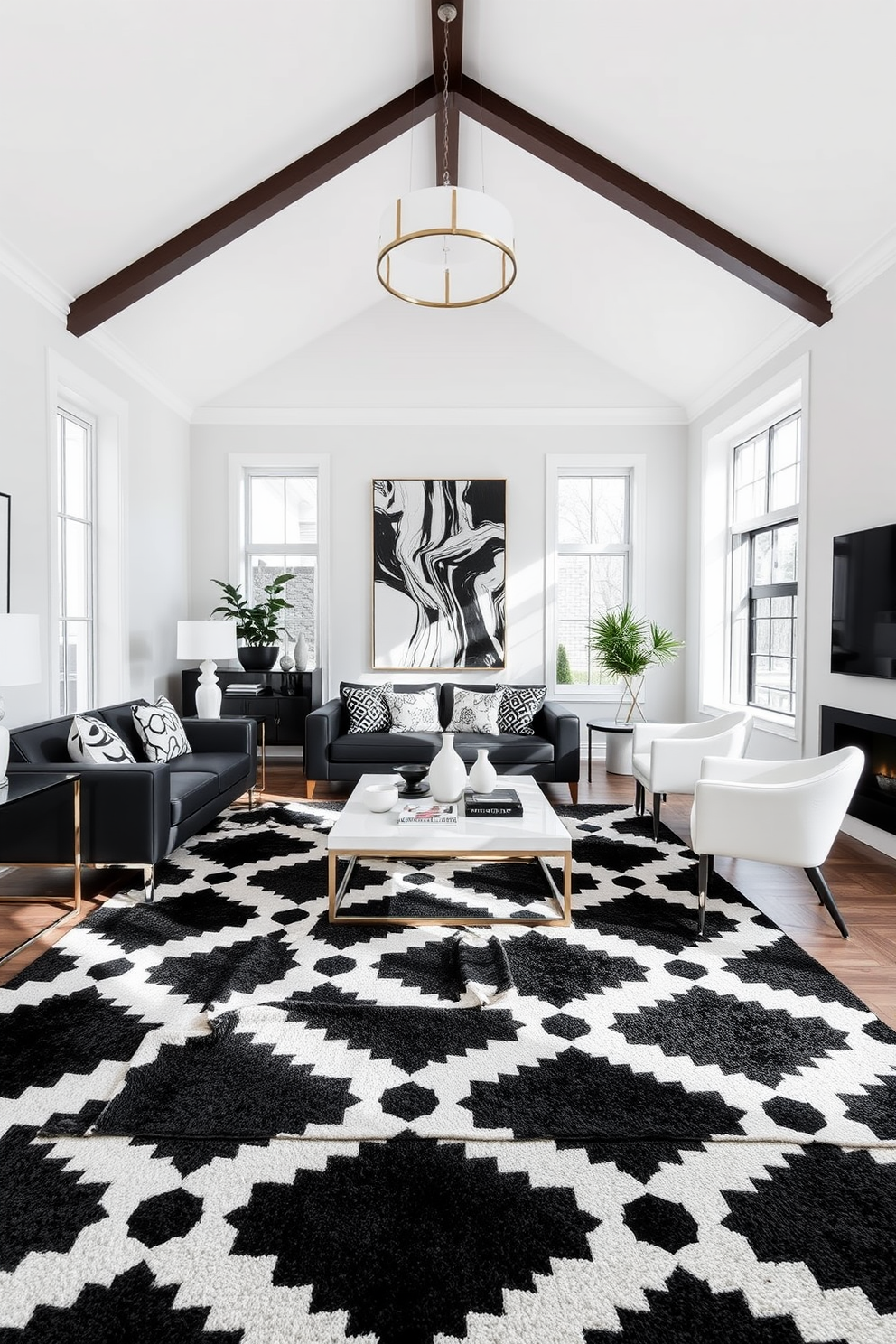 A stylish living room featuring black and white geometric throw rugs that add depth and contrast to the space. The furniture is arranged to create a cozy atmosphere, with a sleek black sofa paired with white accent chairs and a modern coffee table at the center. The walls are painted in a soft white tone, providing a bright backdrop for the bold patterns of the rugs. Large windows allow natural light to flood the room, enhancing the overall elegance of the black and white theme.