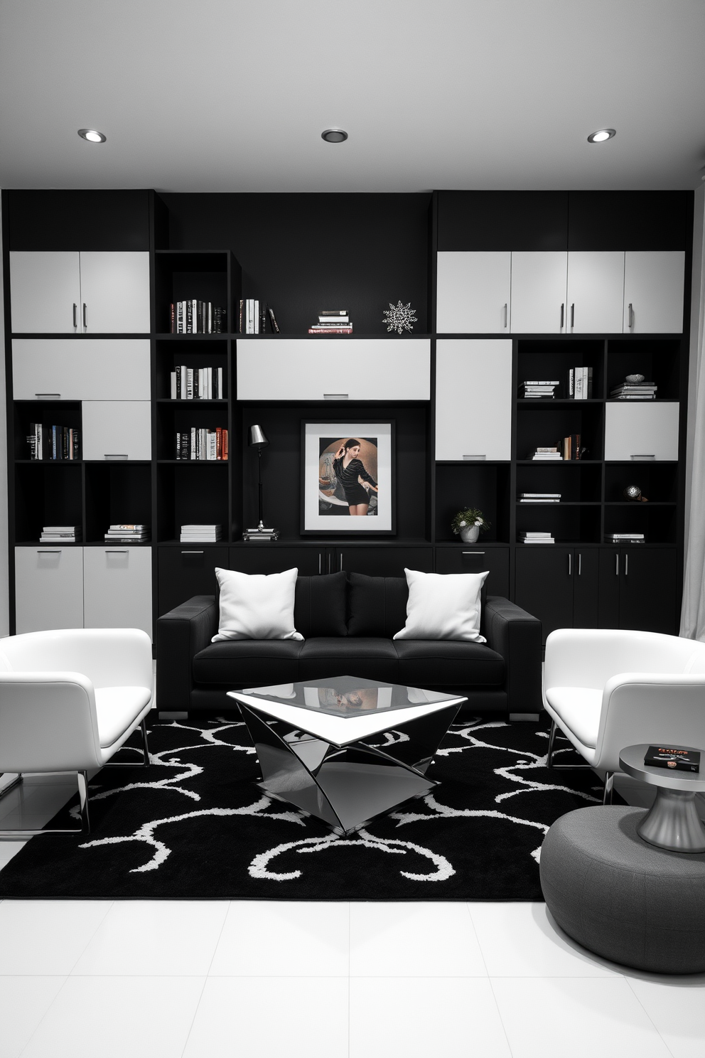 A sleek black and white living room features functional storage solutions that blend seamlessly with the decor. The room includes stylish shelving units and minimalist cabinets that provide ample space for books and decorative items while maintaining a clean aesthetic. The seating area showcases a modern black sofa paired with white accent chairs, creating a striking contrast. A geometric coffee table sits in the center, complemented by a black and white area rug that ties the design together.