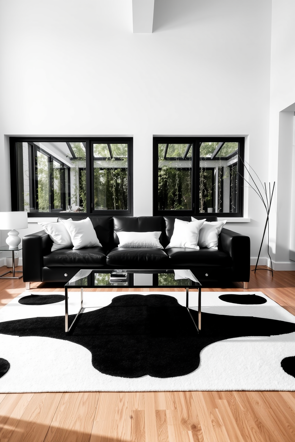 A sleek black leather sofa is positioned in the center of the room, complemented by white accent pillows that add contrast. The walls are painted in a crisp white, enhancing the modern aesthetic of the space. A stylish black and white area rug anchors the seating area, while a minimalist coffee table with a glass top sits in front of the sofa. Large windows allow natural light to flood the room, highlighting the clean lines and sophisticated decor.