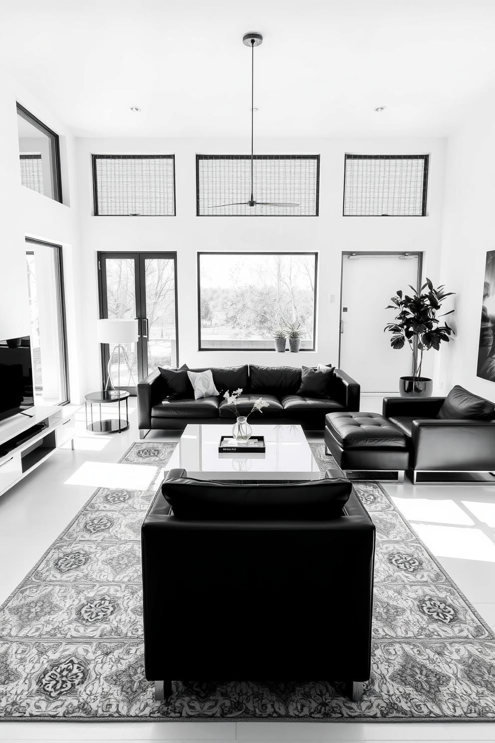 A bright white living room features sleek black furniture accents that create a striking contrast. The space is adorned with a modern black sofa and matching armchairs, complemented by a minimalist coffee table in the center. Large windows allow natural light to flood the room, enhancing the crisp white walls. A stylish area rug with subtle patterns ties the design together, adding warmth to the monochrome palette.