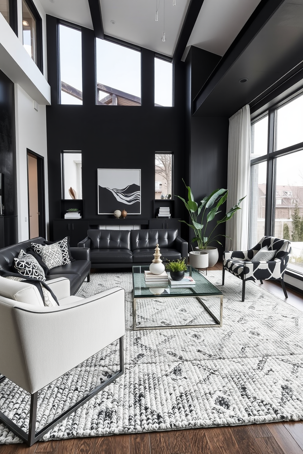 A stylish living room featuring a mix of materials with black and white finishes. The space includes a sleek leather sofa paired with a textured wool rug, creating a cozy yet modern atmosphere. Accent chairs in a bold geometric pattern add visual interest, while a minimalist coffee table in glass and metal sits at the center. Large windows allow natural light to flood the room, highlighting the contrasting elements of the decor.