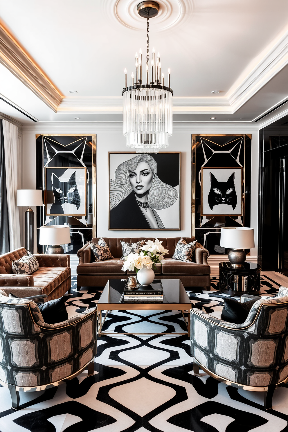 A stunning art deco inspired living room featuring bold geometric patterns in black and white. The space is adorned with a plush velvet sofa, sleek metallic accents, and a striking chandelier that hangs elegantly from the ceiling. The walls are decorated with black and white artwork, creating a dramatic focal point. A chic coffee table sits in the center, surrounded by stylish armchairs that complement the overall aesthetic.